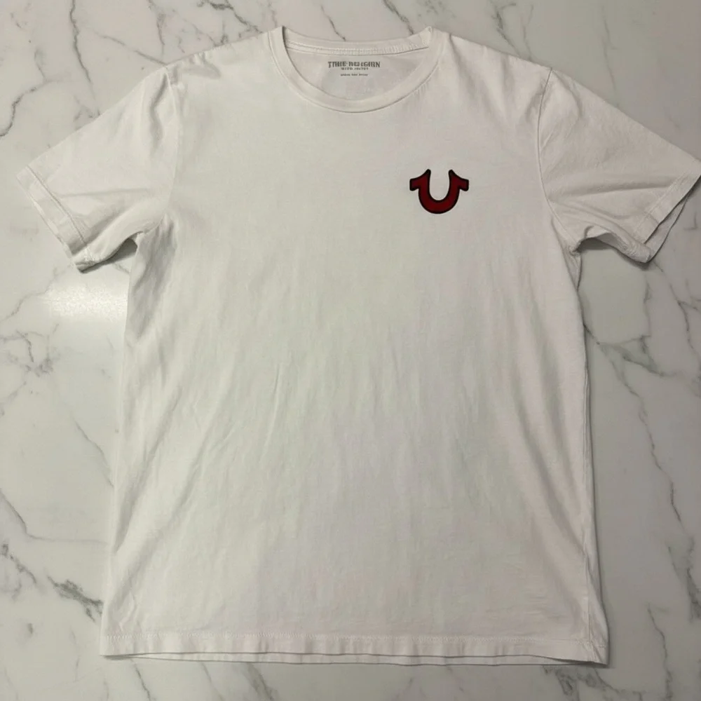 True Religion Cream Tee with Red Emblem